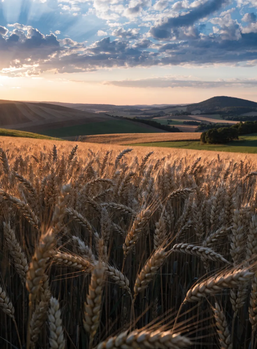 Campo de trigo dorado al atardecer donde se cultiva el trigo Harmony