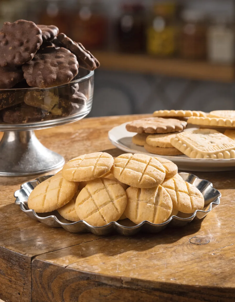 Surtido de galletas LU con Petit Beurre, Petit Écolier y galletas de chocolate sobre mesa de madera