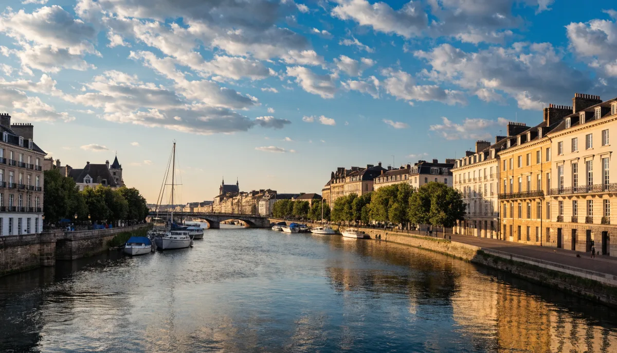 Vista panorámica de la ciudad de Nantes con la torre LU y el río Loira